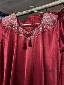 Maroon Satin Nightgown with Lace