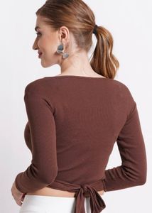 Brown V Neck Wrap Tie Crop Top
