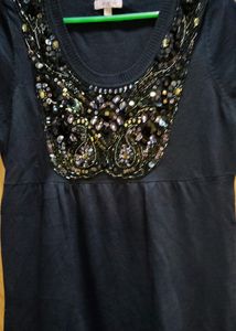 Navy Blue Wool Heavy Neck Work Top Style T-shirt