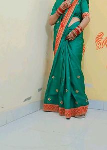 Elegant Teal &amp; Red Saree, Green Saree