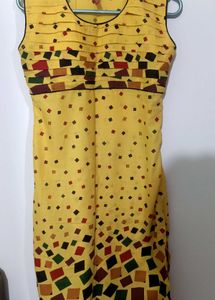 Bright Mustard Yellow Geometric Print Cotton Kurti
