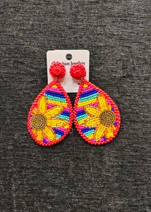 Beaded Sunflower Teardrop Earrings