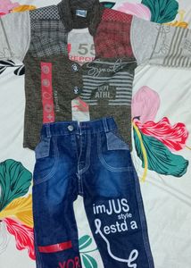 2-4 Years Baby Boy Jeans And Jacket Shirt Combo