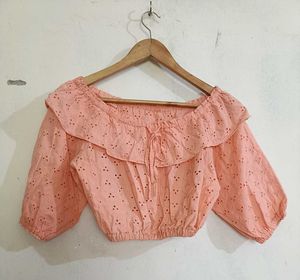 Peach Eyelet Off-the-Shoulder Crop Top