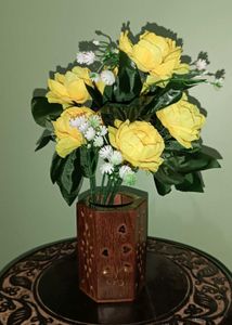 Yellow Floral Arrangement in Wood Vase