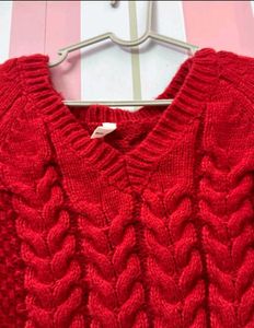 Red Knit V-Neck Sweater