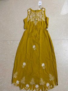 Westside Mustard Embroidered Cutout Midi Dress