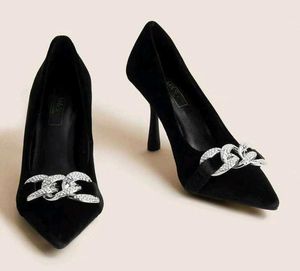 M&S Black Suede Heels with Chain Detail