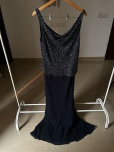 JKARA NAVY BLUE BEADED EVENING GOWN