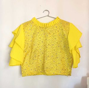 💥🆕️ Yellow Sequins Blouse With Ruffle Sleeves