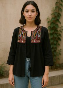 Embroidered Black Open Front Cardigan Shrug