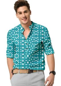 Printed Men&#39;s Cyan Kurta Shirt