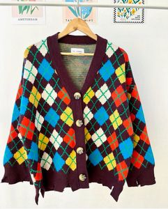 Chunky Knit Sweater In Checkered Print