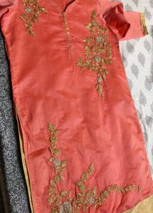 Women Peach Hand Embroidery Chanderi Silk Kurta