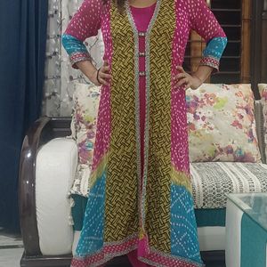 Bandhini Style Suit 3 Piece Suit- Long Inner, Detachable Shrug, Pant And Dupaata.