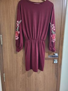 Burgundy Dress With Floral Sleeves