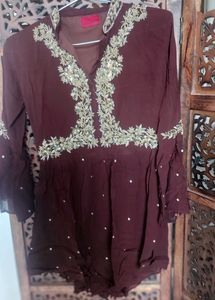 Dark Brown Coffee Colour Short Frock Kurta With Plazo... Beautiful Hand Work U Can See In Video