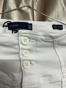 3/4  White High-Waist Button-Fly Seamed Jeans