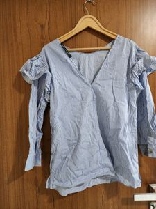 Zara White And Blue Stripes Top