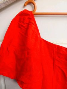 Zara Woman Orange Linen Flutter Sleeve Button Dres