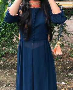 Navy Blue Suit With Orange Dupatta