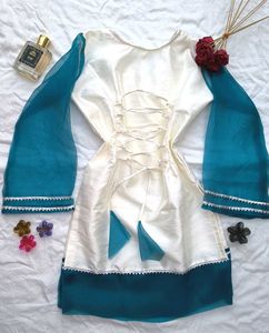 Elegant Teal &amp; White Corset Kurta Trouser Set🫶🏻