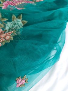Floral-Paisley Embroidered Teal Green Net Saree