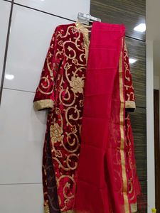 Red &amp; Gold Embroidered Velvet Coat