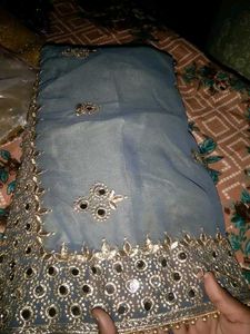 Elegant Grey Mirror Work Saree