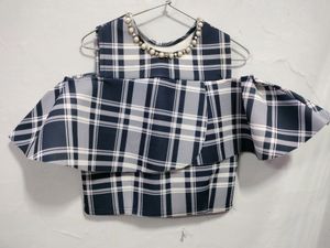 Plaid Pearl Cold Shoulder Top