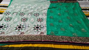 Green Chiffon And Net Sari With Blouse