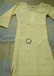 Lucknowi Work Kurti In Yellow Colour