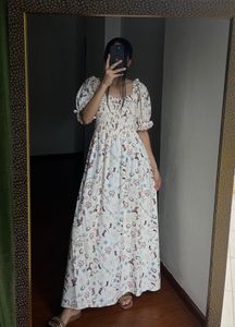 Cream Cowgirl Print Shirred MAXI  Dress