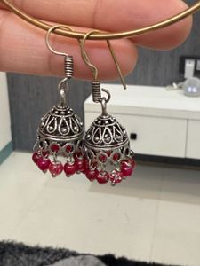 Silver Jhumka Earrings with Red Beads