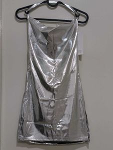 Silver Metallic Mini Dress Slit Sides