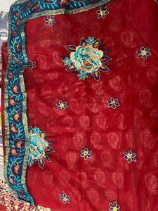 RED NET SAREE WITH BLOUSE
