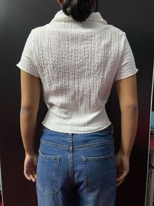 White Textured Crop Top Shirt