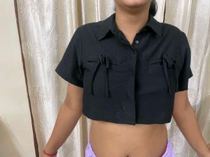 🖤 Glitchez Casual Bow Tie Crop Shirt – Black