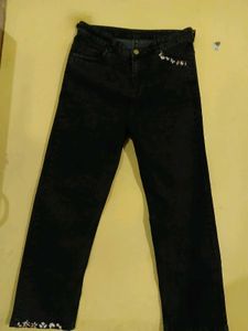 Black Straight Jeans With Hand Embroidery