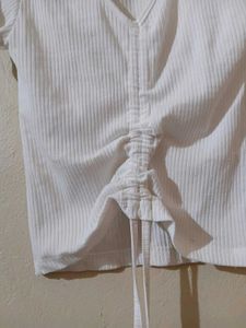 White Ribbed Drawstring Crop Top