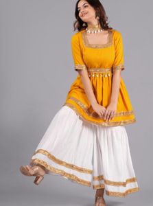 Stylish Yellow Kurta with White Sharara