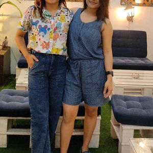 Blue Mock Neck Tank &amp; High-Waisted Jeans