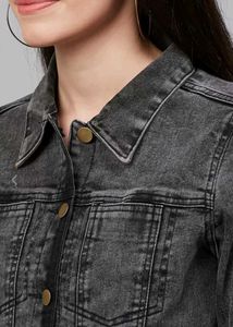 Women Black Solid Denim Jacket