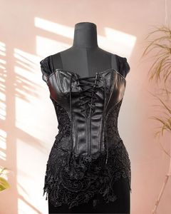 Black Lace Detailing Faux Leather Chain Up Corset