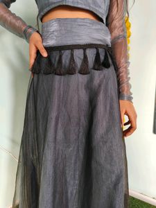 Grey Tassel Banglori Silk Net Lehenga