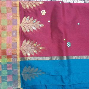 Elegant Blue &amp; Red Saree