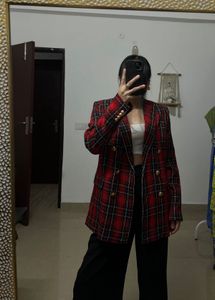 ZARA RED Checked Double Breasted Blazer