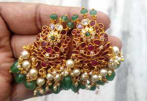 Pearl & Gemstone Gold Finish Real Beeds Earrings