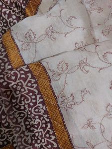 Cream Tussar Silk Saree With Blockprint &amp; Sequins