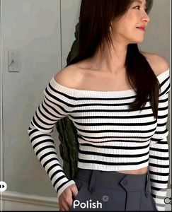 New With Tag Korean Striped Off-Shoulder Top